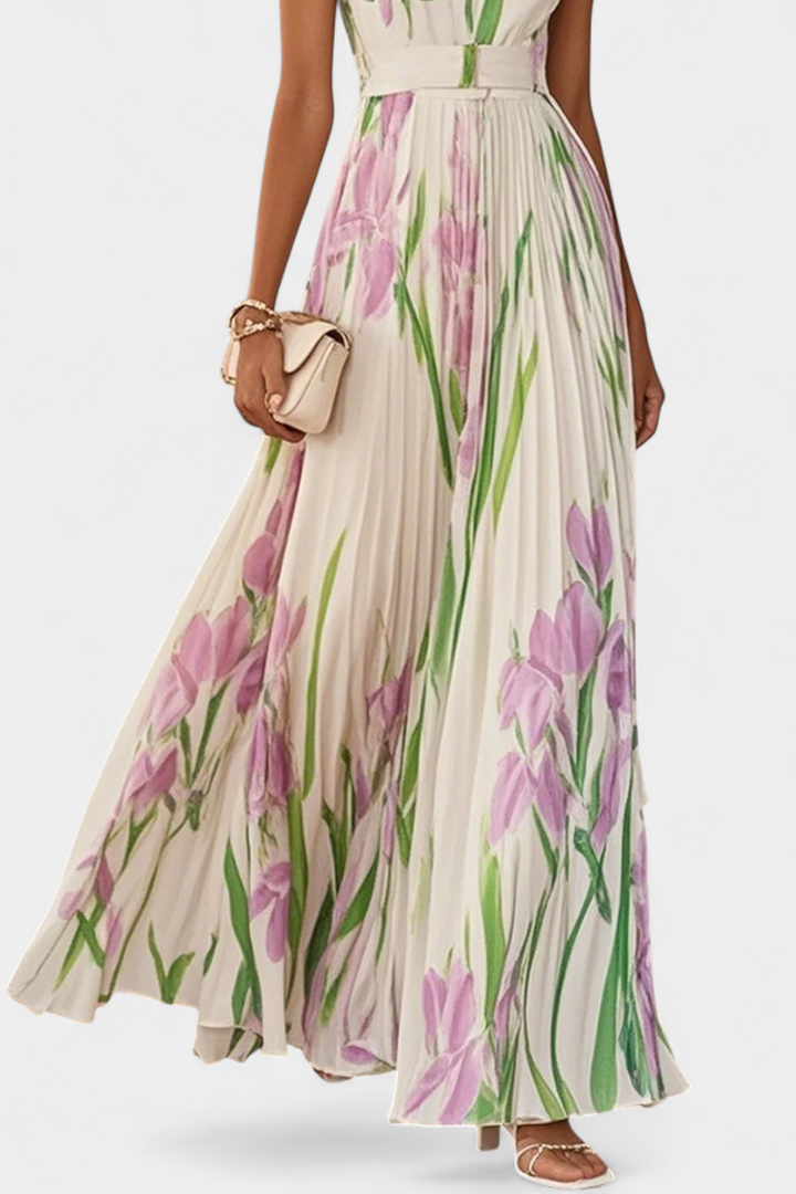 Calanthe Vestido Largo Floral Plisado con Escote Cuadrado