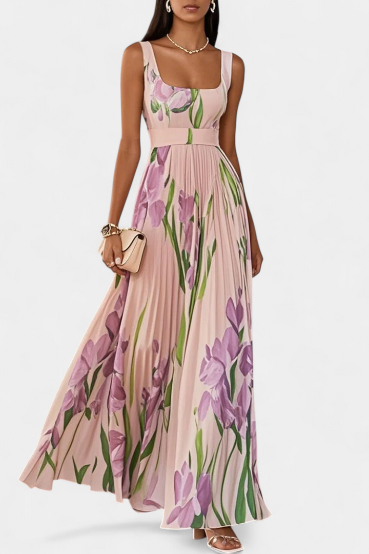 Calanthe Vestido Largo Floral Plisado con Escote Cuadrado