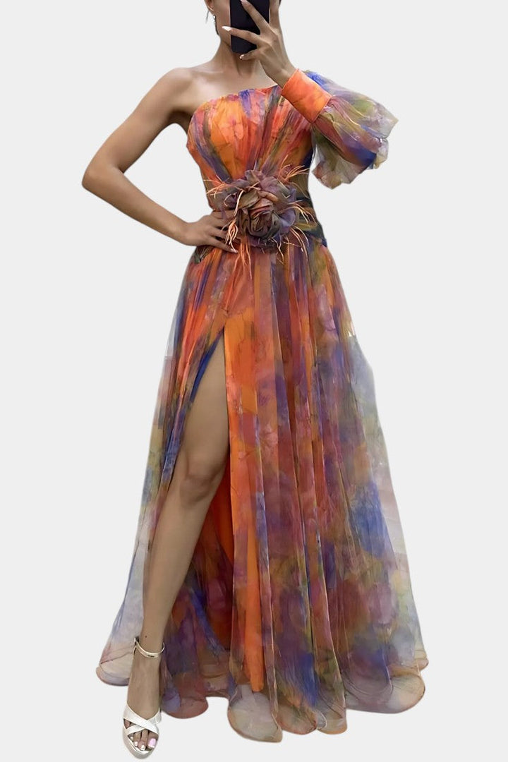 Amelie Vestido Maxi Asimétrico de Un Hombro con Estampado Artístico