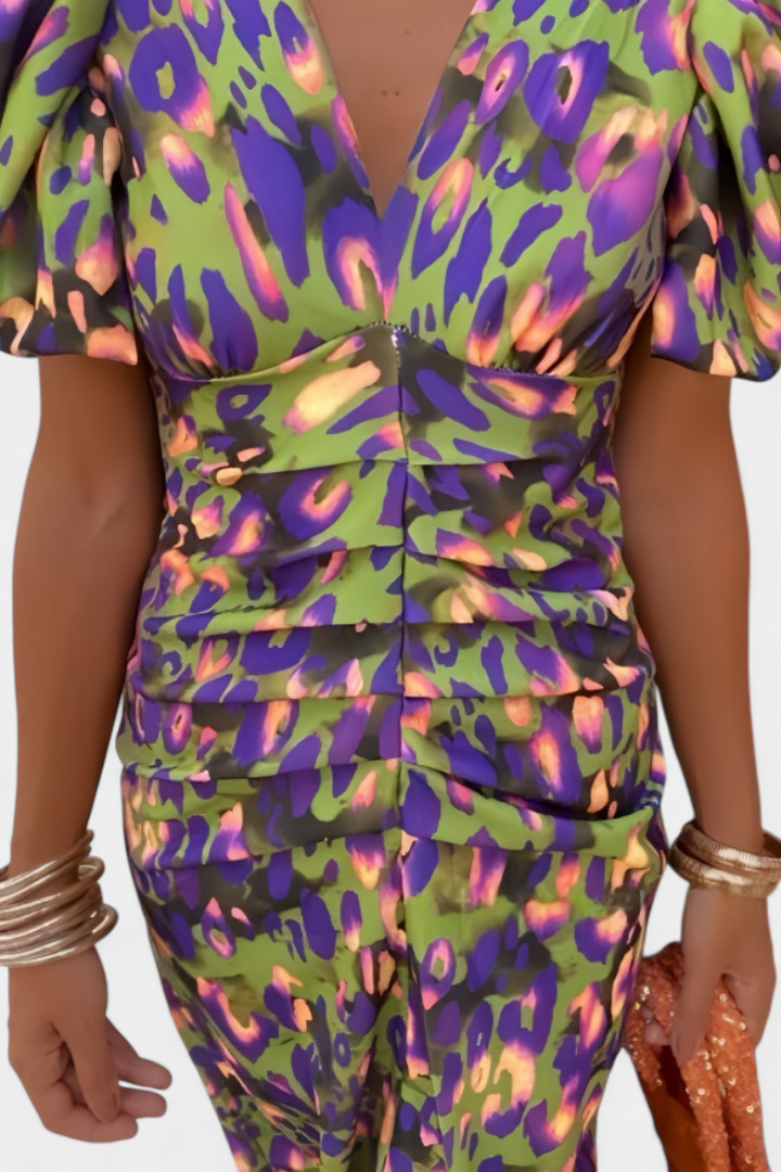 Wibia Vestido Estampado con Fruncido Central y Mangas Volumen