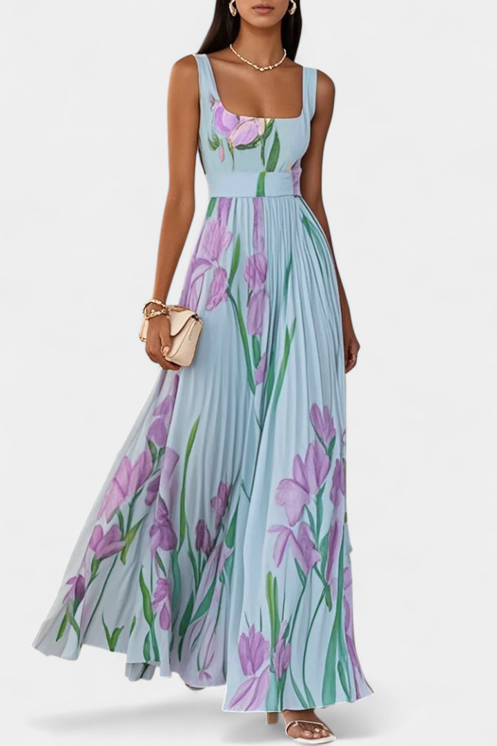 Calanthe Vestido Largo Floral Plisado con Escote Cuadrado