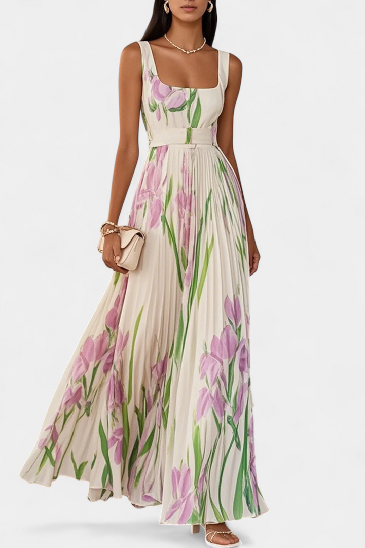 Calanthe Vestido Largo Floral Plisado con Escote Cuadrado
