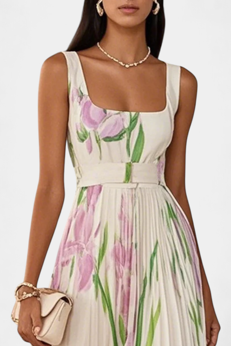 Calanthe Vestido Largo Floral Plisado con Escote Cuadrado