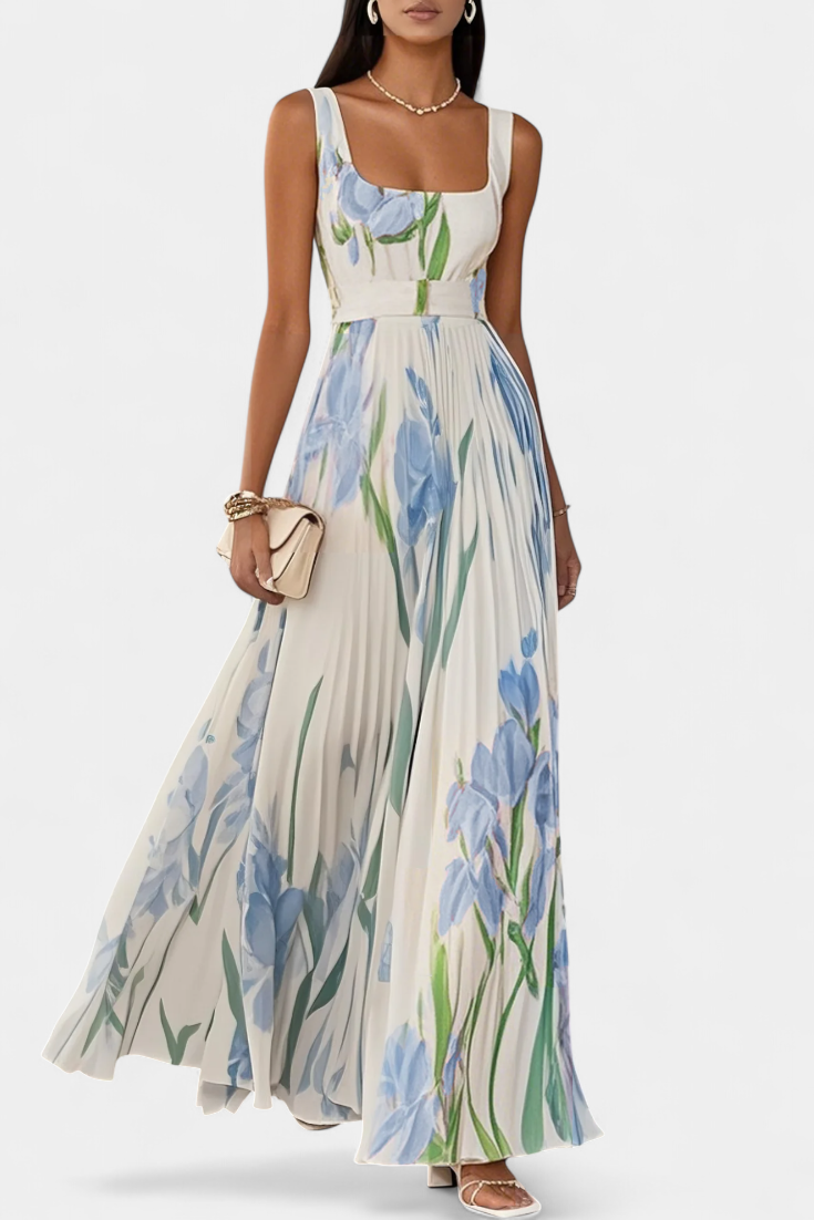 Calanthe Vestido Largo Floral Plisado con Escote Cuadrado