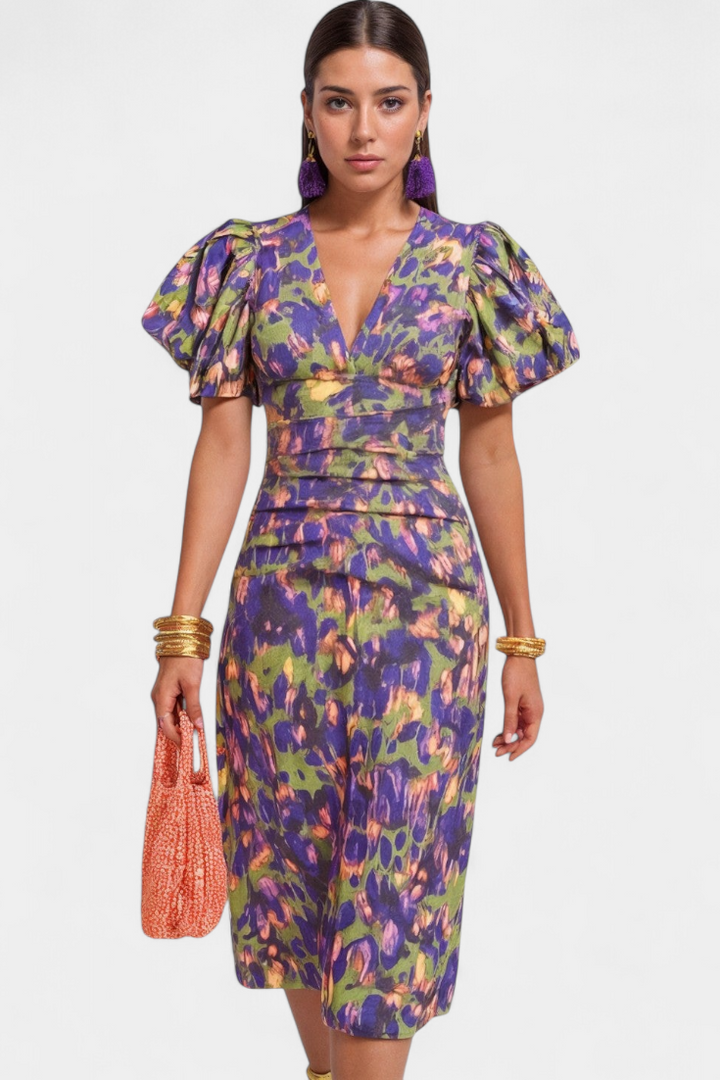 Wibia Vestido Estampado con Mangas Volumen y Fruncido