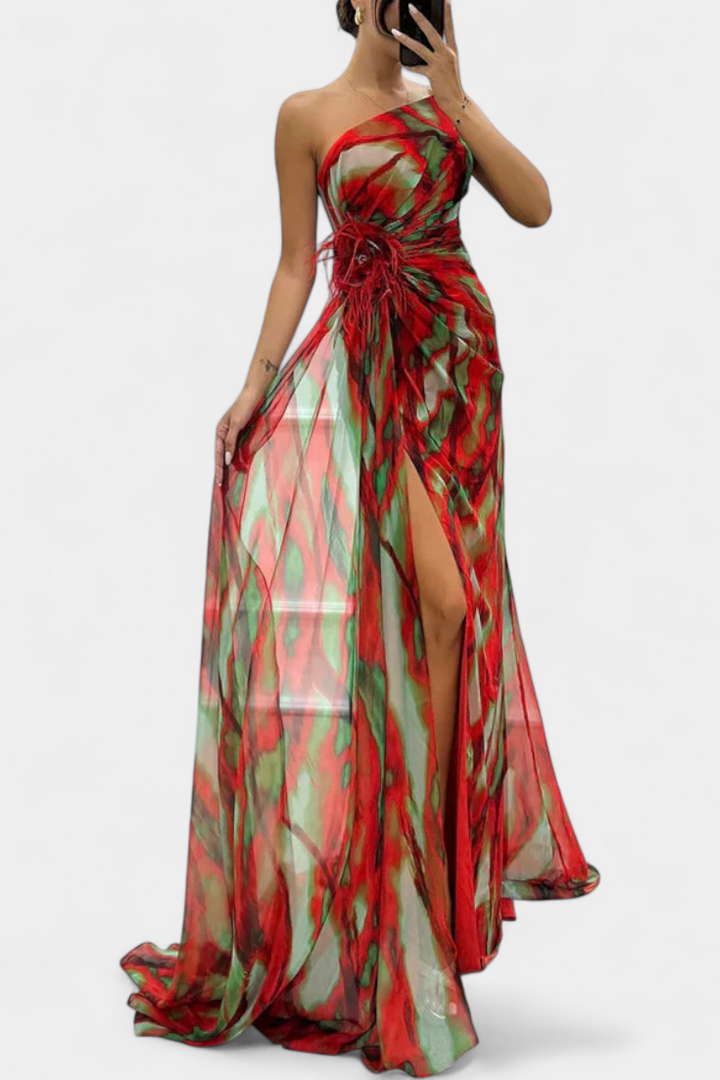 Aylin Vestido Maxi Asimétrico con Estampado Vibrante