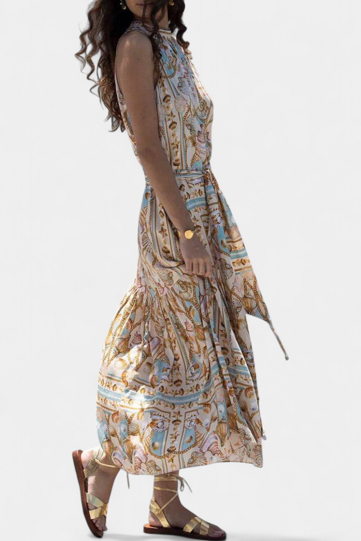 Teófila Vestido Largo con Estampado de Tesoros del Océano