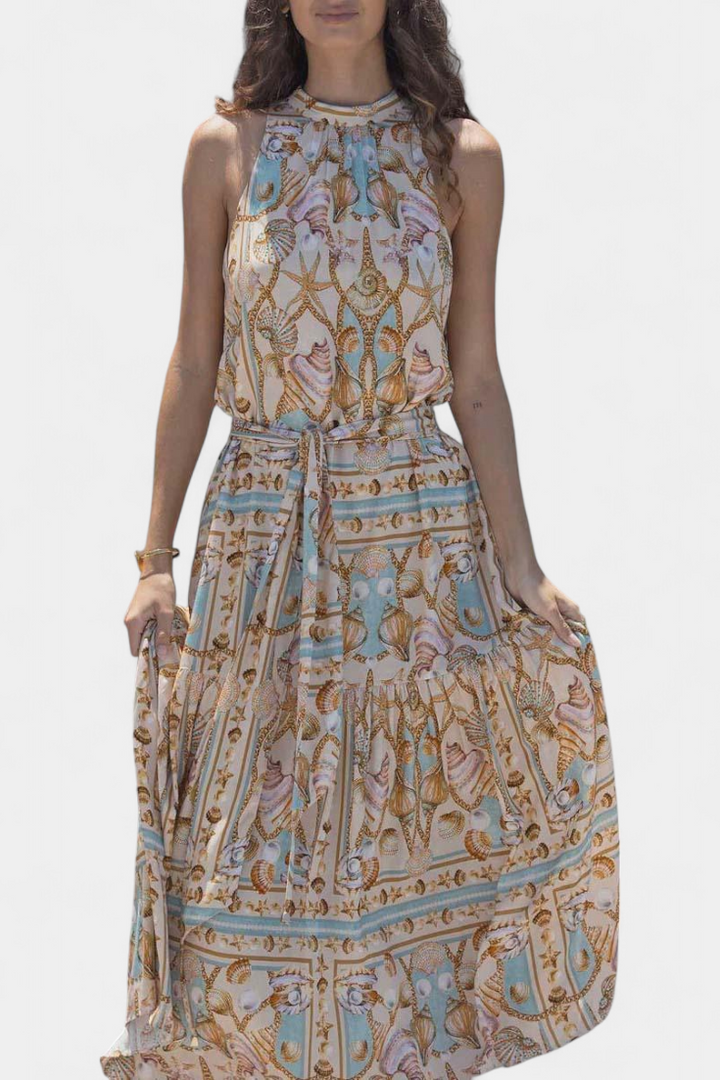 Teófila Vestido Largo con Estampado de Tesoros del Océano